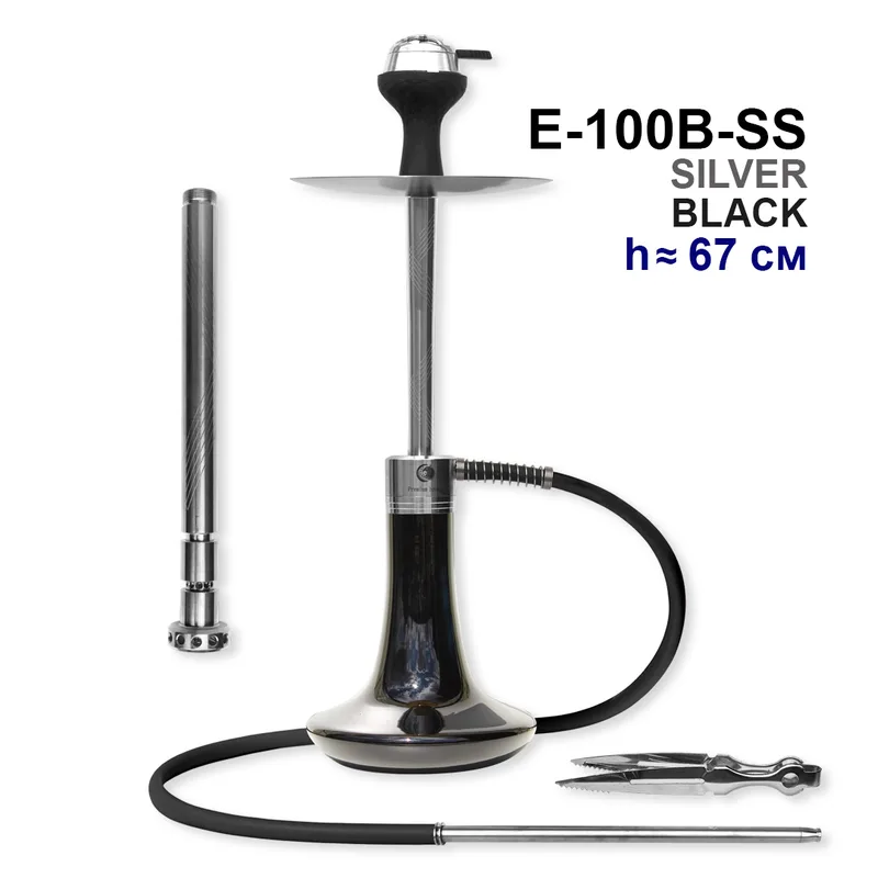 Кальян E-100B-SS, 67см (клик, полный комплект) stainless steel (SILVER+BLACK)