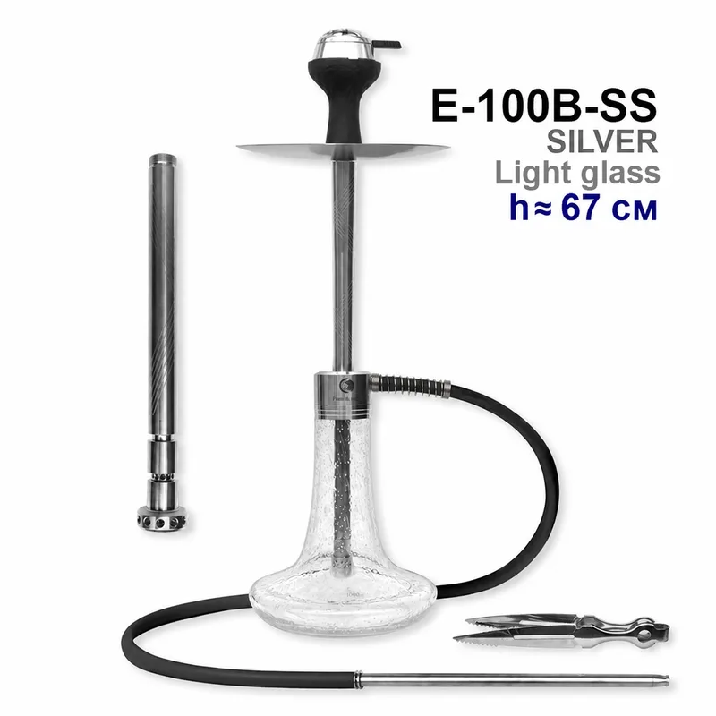 Кальян E-100B-SS, 67см (клик, полный комплект) stainless steel (SILVER+LIGHT GLASS)